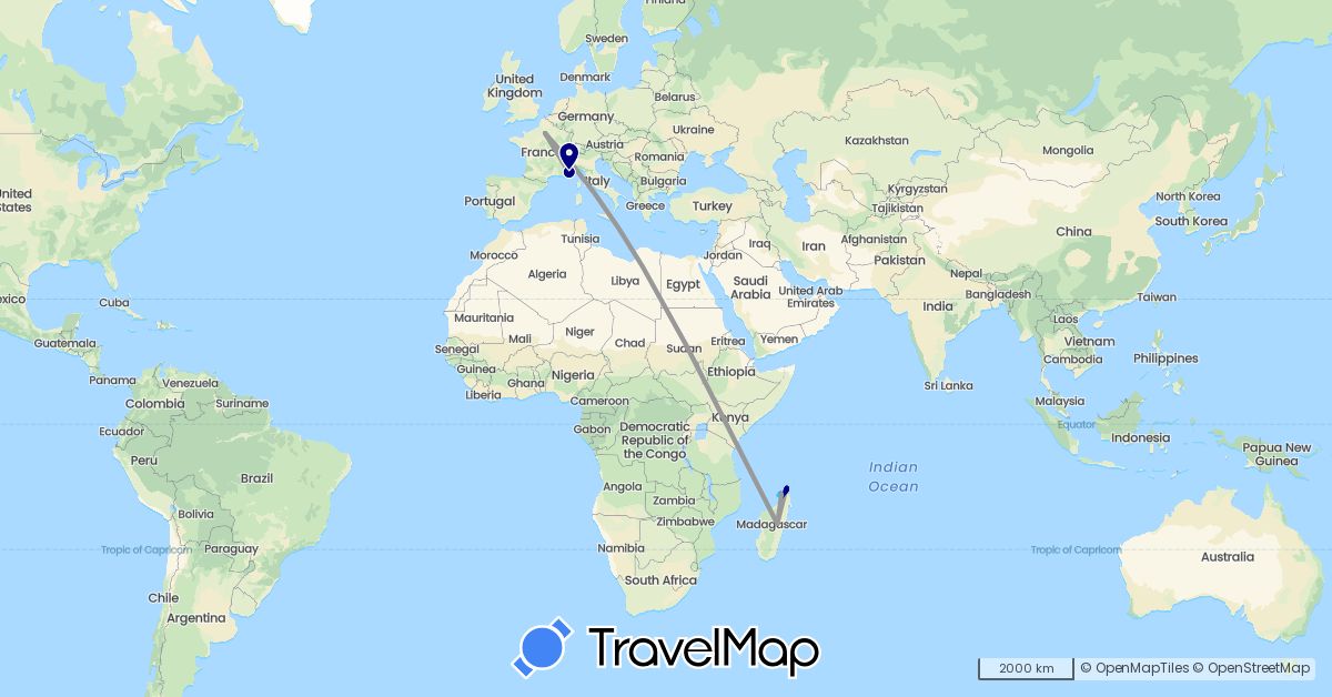 TravelMap itinerary: driving, plane, boat in France, Madagascar (Africa, Europe)